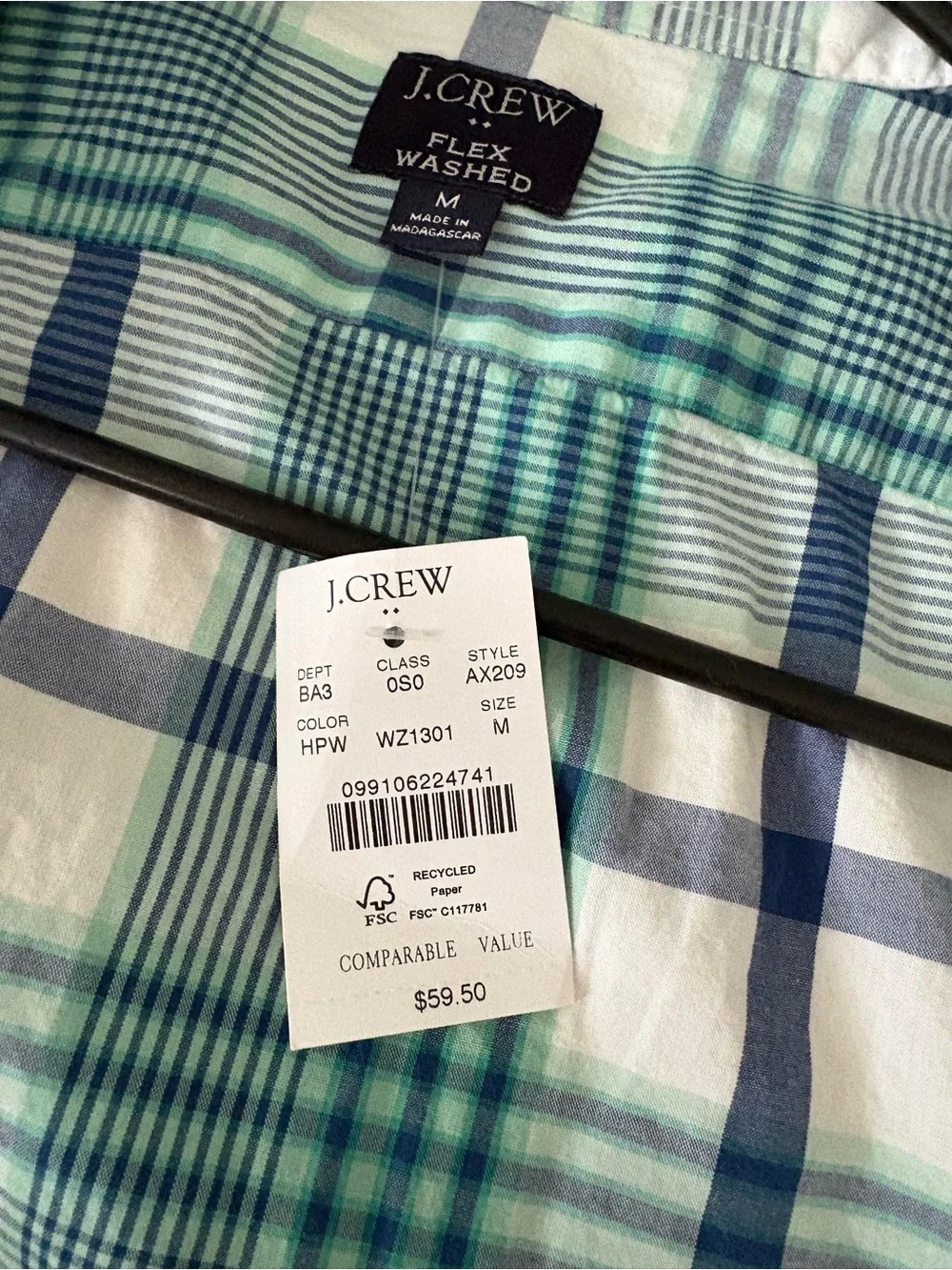 J. Crew Men’s Green & Blue Plaid Button-Down Shirt - Medium - NWT